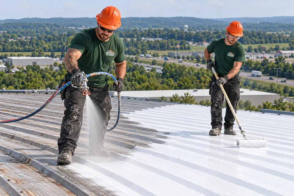 Crew rolling coating across a commercial metal roof in Radcliff, KY