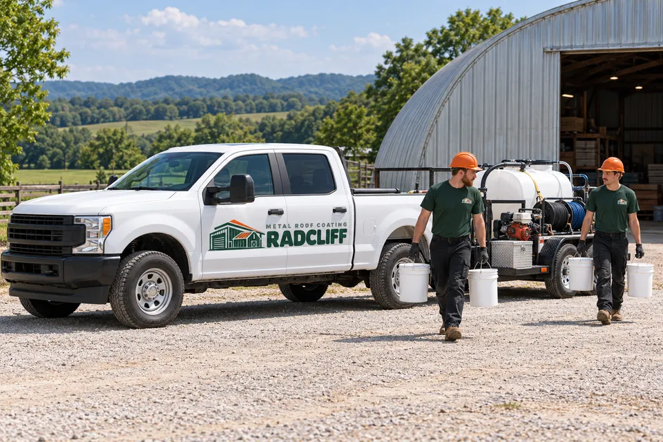 Roof coating work truck parked beside a commercial building near Radcliff