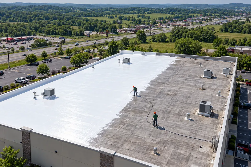 Aerial view of silicone coating on a commercial roof