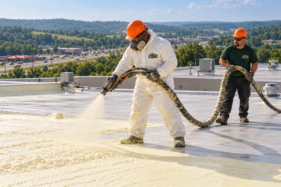 Crew spraying foam on a commercial roof